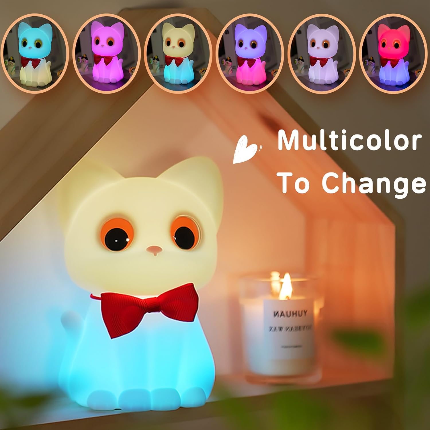 Kitty Cat Night Light for Kids, Cute Cat Lamp Portable Silicone Animal Nightlight Rechargeable Nursery Light for Baby Toddler Room, Kawaii Gifts for Boys Girls