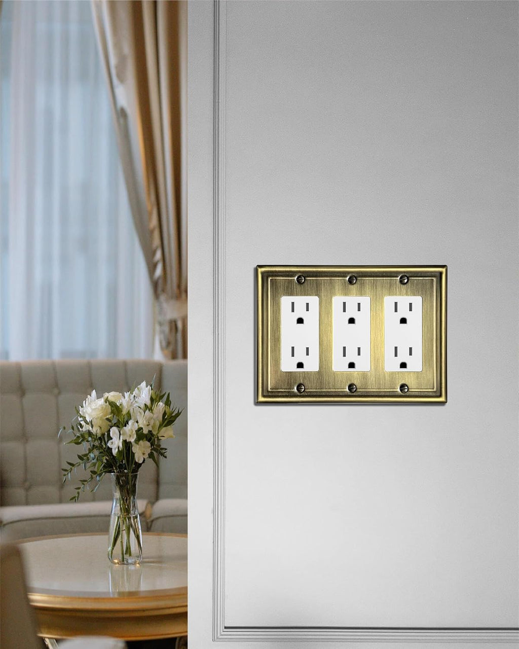 1 Pack Triple Decorator Wall Plates, Metal Electrical Outlet Covers for Receptacles, Dimmer Switches, GFCI Outlets, Antique Brass, 6.77''*4.88'', Midisze, 3 Gang