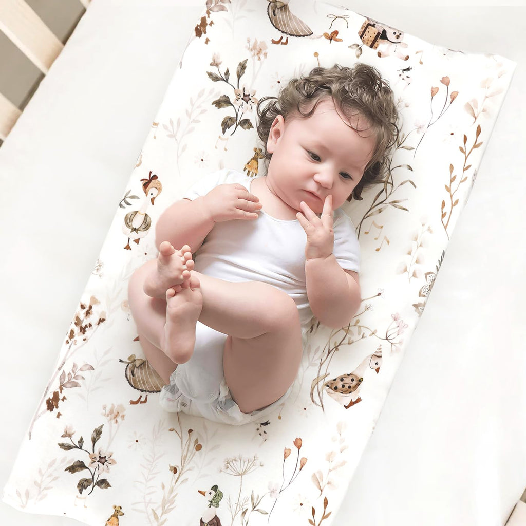 GRSSDER Stretch Ultra Soft Jersey Knit Changing Pad Cover Set 2 Pack, Change Table Pad Covers Fit 32"/34" x 16" Pads Safe and Snug, Pretty Pattern for Baby, Happy Party