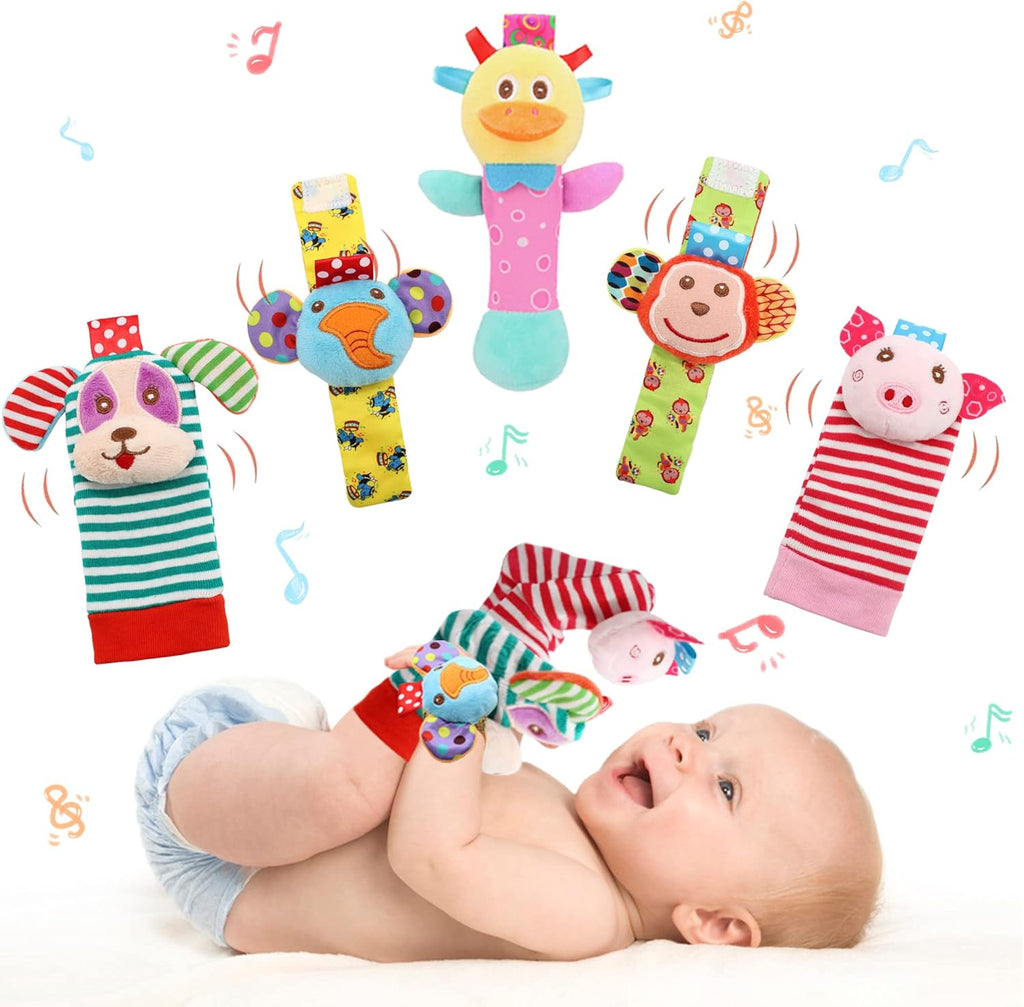Wrist Rattles Foot Finder Rattle Sock Baby Toy, Rattle Toy, Arm Hand Bracelet Rattle, Feet Leg Ankle Socks, Activity Rattle Present Gift for Newborn Infant Babies Boy Girl Bebe (5 pcs-I)