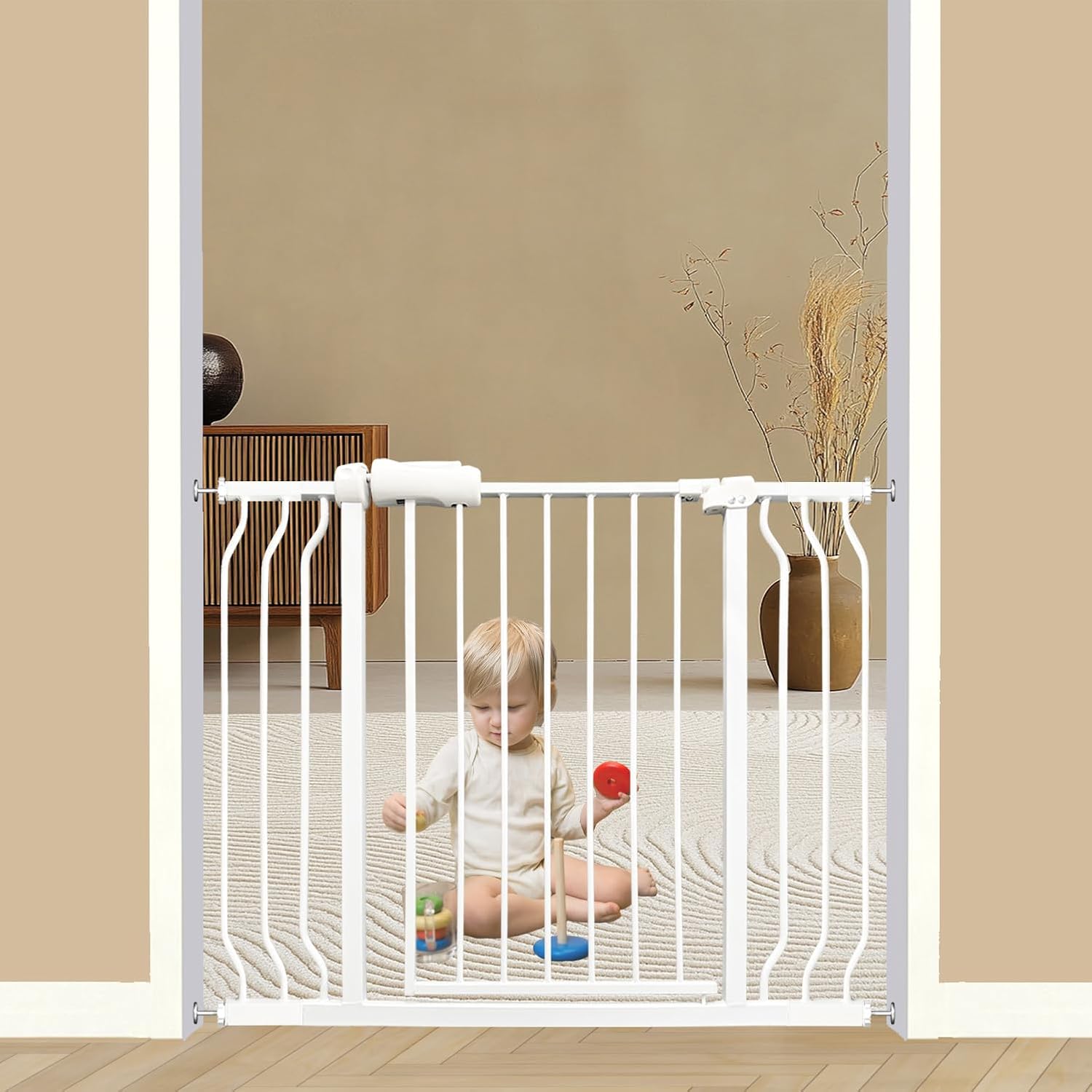 Walk Through Expandable Baby & Dog Gate 38.5-43.3 Inch for Kids & Pets, Tension Mounted Indoor Safety Gate for Large Openings - White Metal, 30 inches Tall