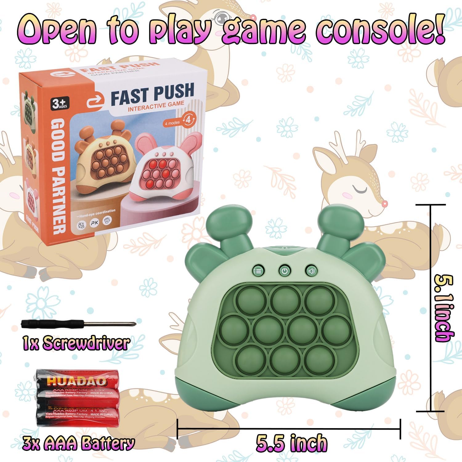 Fast Push Game, Deer Handheld Speed Push Bubble Game Console, Light up Pop Game Sensory Fidget Toys for Kids, Autism Sensory Toys, Birthday Easter Toy for Boys Girls Adults(Green)