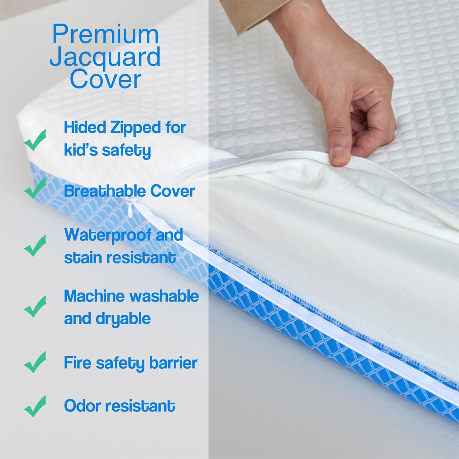 Dual Sided Comfort Gel Memory Foam,Breathable Baby Bed Mattress for Crib,Memory Foam Crib Mattress,Premium for Infant and Toddler w/Removable Outer Cover - White&Blue,Standard Size