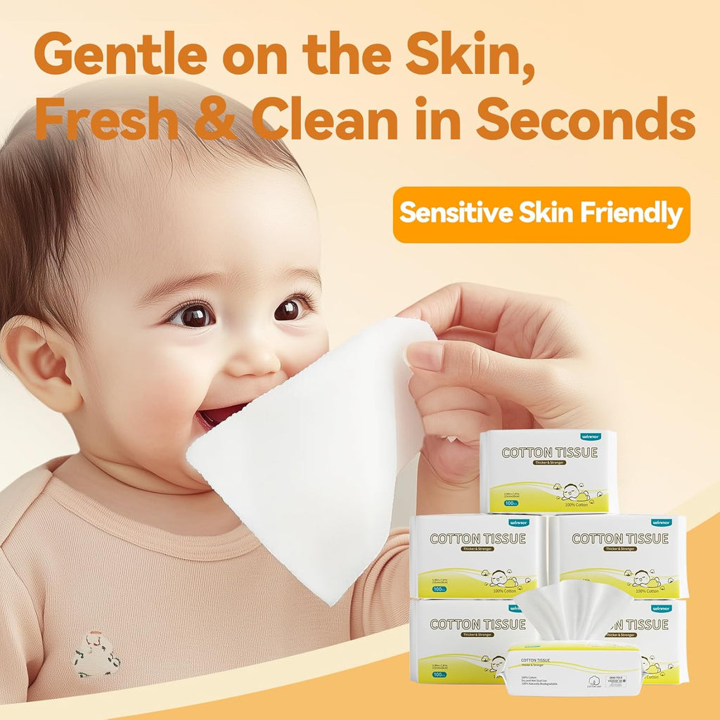 Winner 100% Cotton Dry Wipes, USDA Certified Baby Wipes, 600 Count, Soft & Gentle, Hypoallergenic & Unscented for Baby Sensitive Skin, Use Wet/Dry for Diaper Changes, Meals & Cleanup, Pack of 6