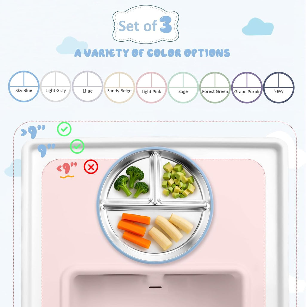 Stainless Steel Suction Plates for Toddlers, 9" Divided Kids Baby Plates with Removable Silicone Suction, Non Toxic Non Slip Portion Control Snack Dishes 3 Packs, Blue Gray Sage