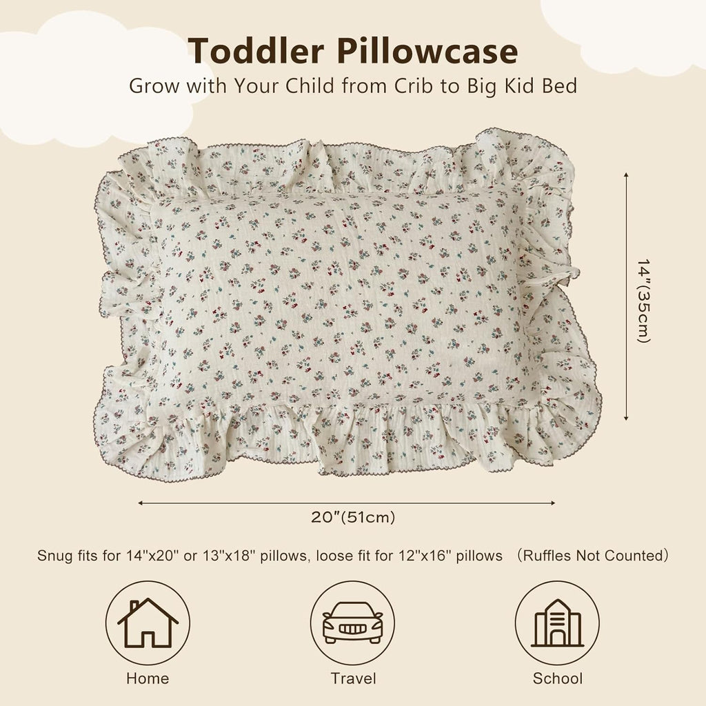 BuLuTu Cute Floral Print Pillowcases for Toddler Girls Boys, 14"x20", 1 pc, 2 Layers Muslin Cotton Pillow Cases for Crib Toddler Bed Pillow Cover, Envelope Closure, Machine Washable