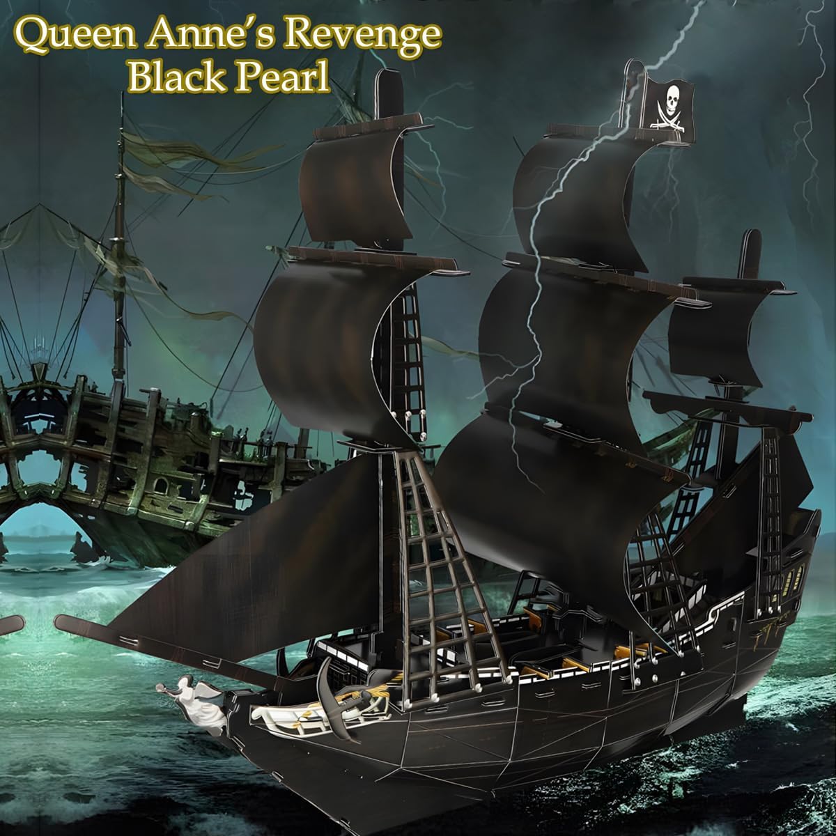 Queen Anne’s Revenge 3D Puzzle Kit, Large 111 Pieces Nautical LED Model Ship Building Kit, Retro Style Pirate Ship Desk Decor Birthday Gift for Adults Men and Teens
