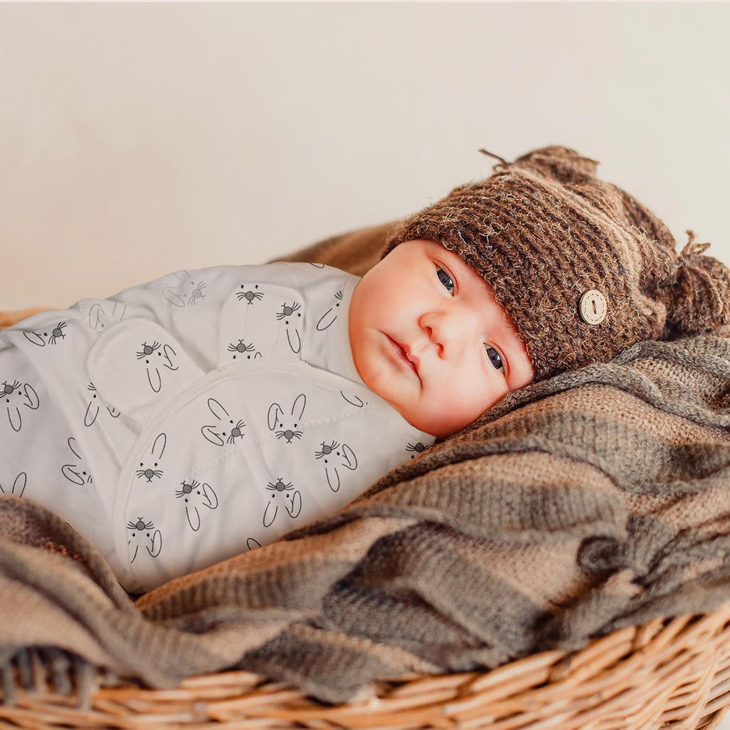 GLLQUEN BABY 3 Pack Newborn Swaddle - Baby Swaddle 0-3 Months for Baby Boys and Grils, Adjustable Sleep Sack for Newborns, Stripes & Bunnies, Swaddling Blankets