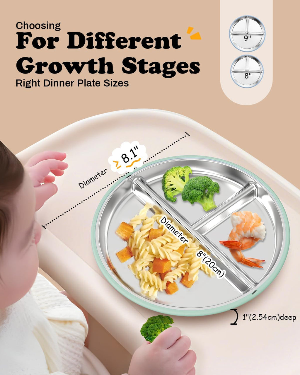 Stainless Steel Toddler Plate with Suction, 8” Divided Plates with Removable Silicone Sleeves for Baby, Non Toxic Unbreakable Kids Snack Dishes Set of 4, Sage Blue Beige Lilac