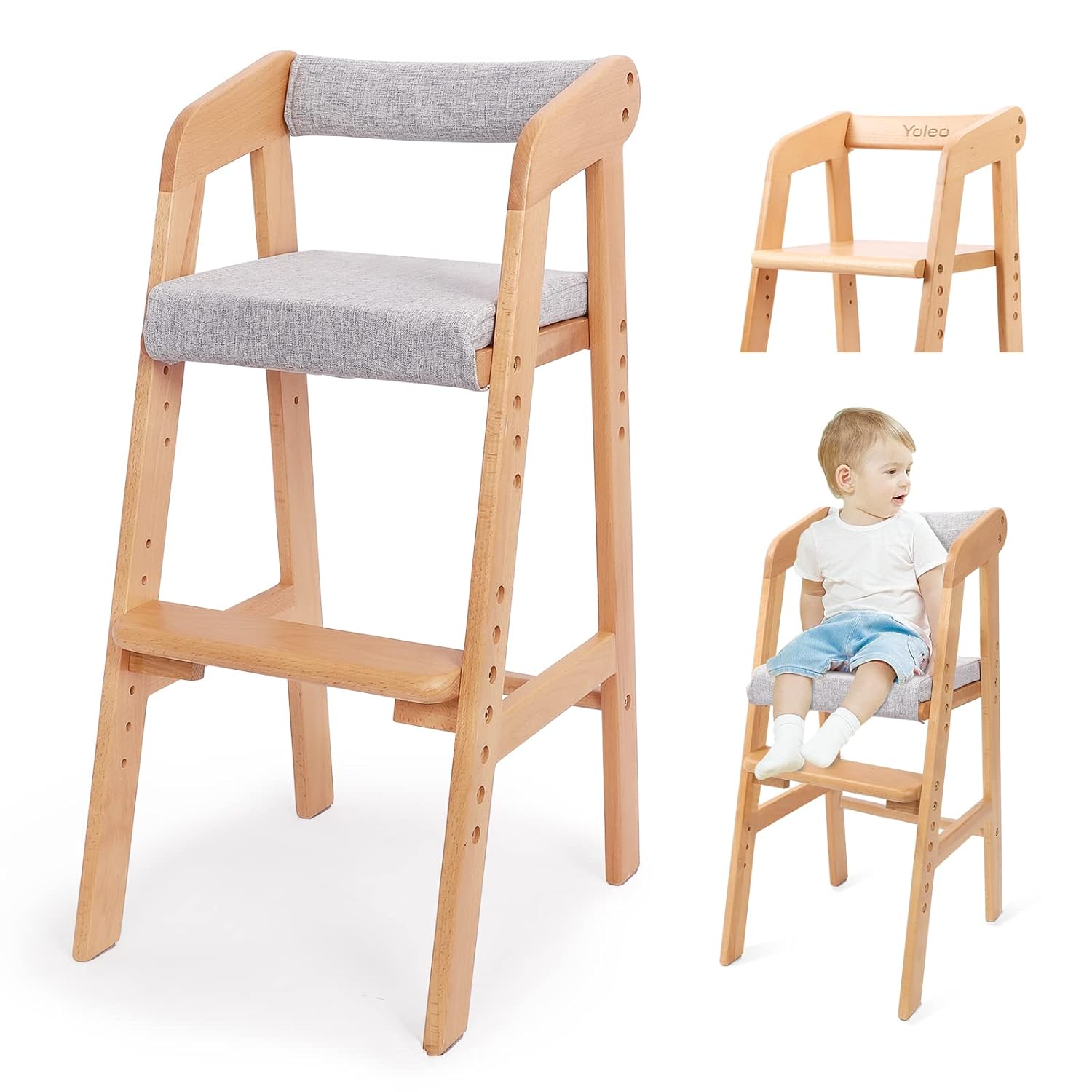Wooden High Chair for Toddlers, Adjustable Feeding Chair with Removable Cushion for Child, High Chair Grows with Kid for Dining, Studying, Step Tool(Natural Color)