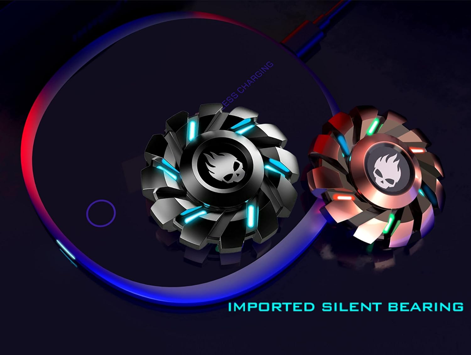 Black Gear Fidget Spinner, Colorful Glow in The Dark, High Speed and Silence, Cool Metal Mechanical Gear Shape Design with Skull Symbol, Anti-Anxiety and Stress Release for Kids and Adults