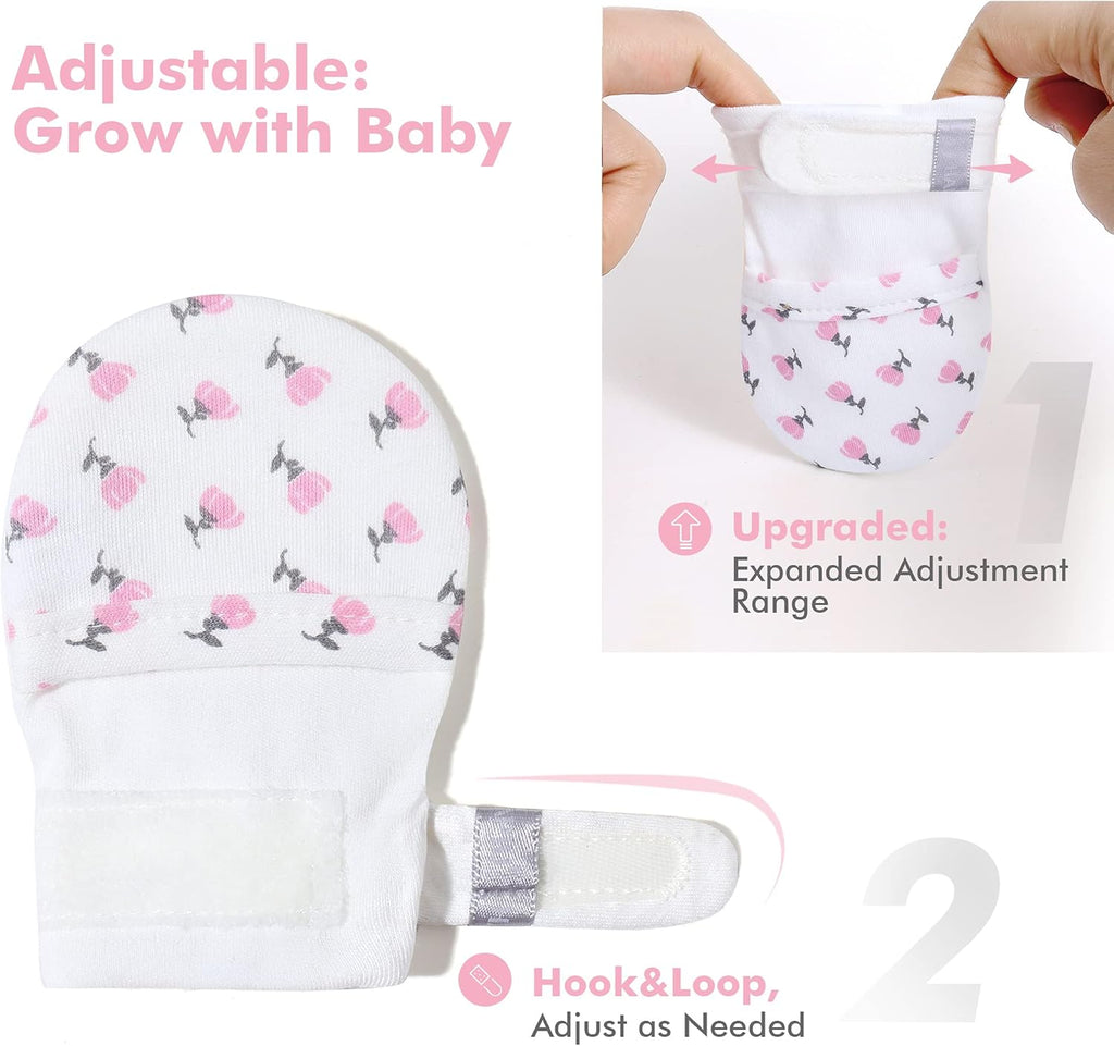 HAPIU Baby No Scratch Mittens Stay On, 100% Cotton Breathable, Adjustable Infant Gloves for Boys Girls, Newborn - 12 M
