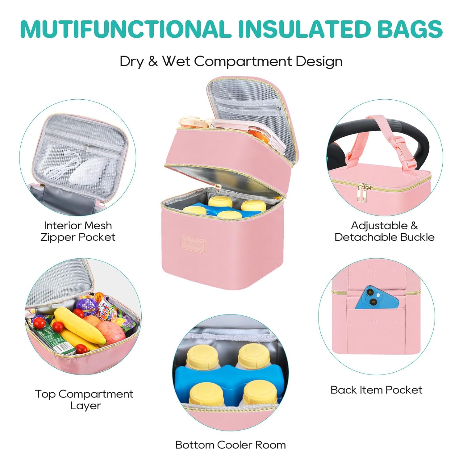 PIIOSER Breast Milk Storage Cooler Bag with Ice Pack, Fits 4 Baby Bottles Up to 5 Ounce, Small Insulated Breastmilk Cooler Travel Bag with Handle Buckle for Nursing & Working Mom Daycare(Pink-XS)