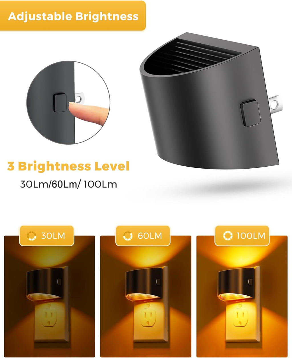 L LOHAS LED Night Light 2 Pack, Night Lights Plug into Wall, Dusk to Dawn Sensor Nightlight, 3 Level Brightness Adjustable, 1600K Amber Light