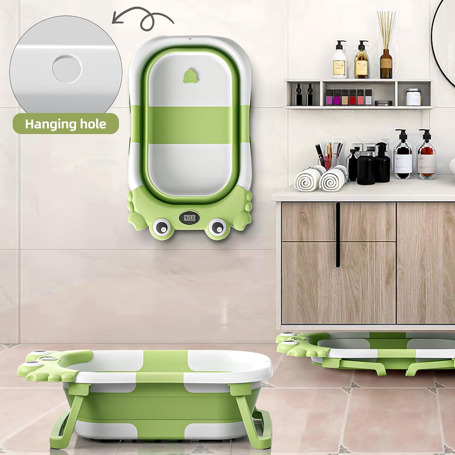 Collapsible Baby Bathtub for Newborns to Toddler with Real-time Temp Monitor & Floating Cushion,Portable Travel Tub for 0-36 Month, Foldable Baby Bath Tub for Infants(Green)