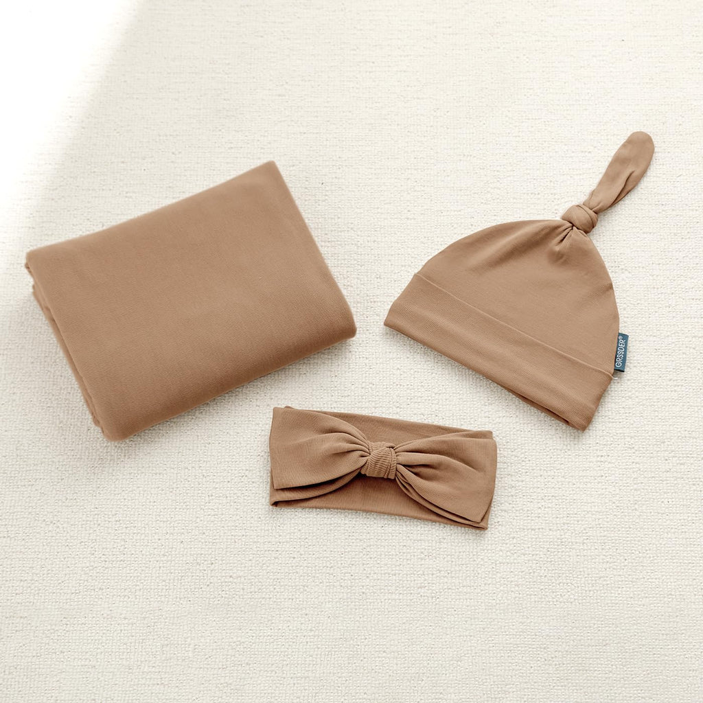 GRSSDER Newborn Swaddle Blankets, Ultra Soft Jersey Receiving Blanket with Matching Headband and Beanie Set, Stretchy Baby Blanket 47×47", Neutral Swaddle Wrap for Girls and Boys