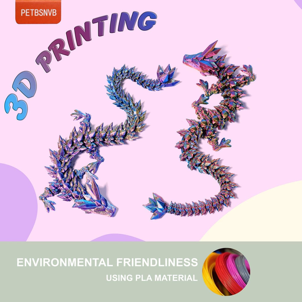 Three Color 12" 3D Printed Dragon, Articulated Dragon, Crystal Dragon, Dragon Fidget toy, Home Office Decor Executive Desk Toy (Purple Head)