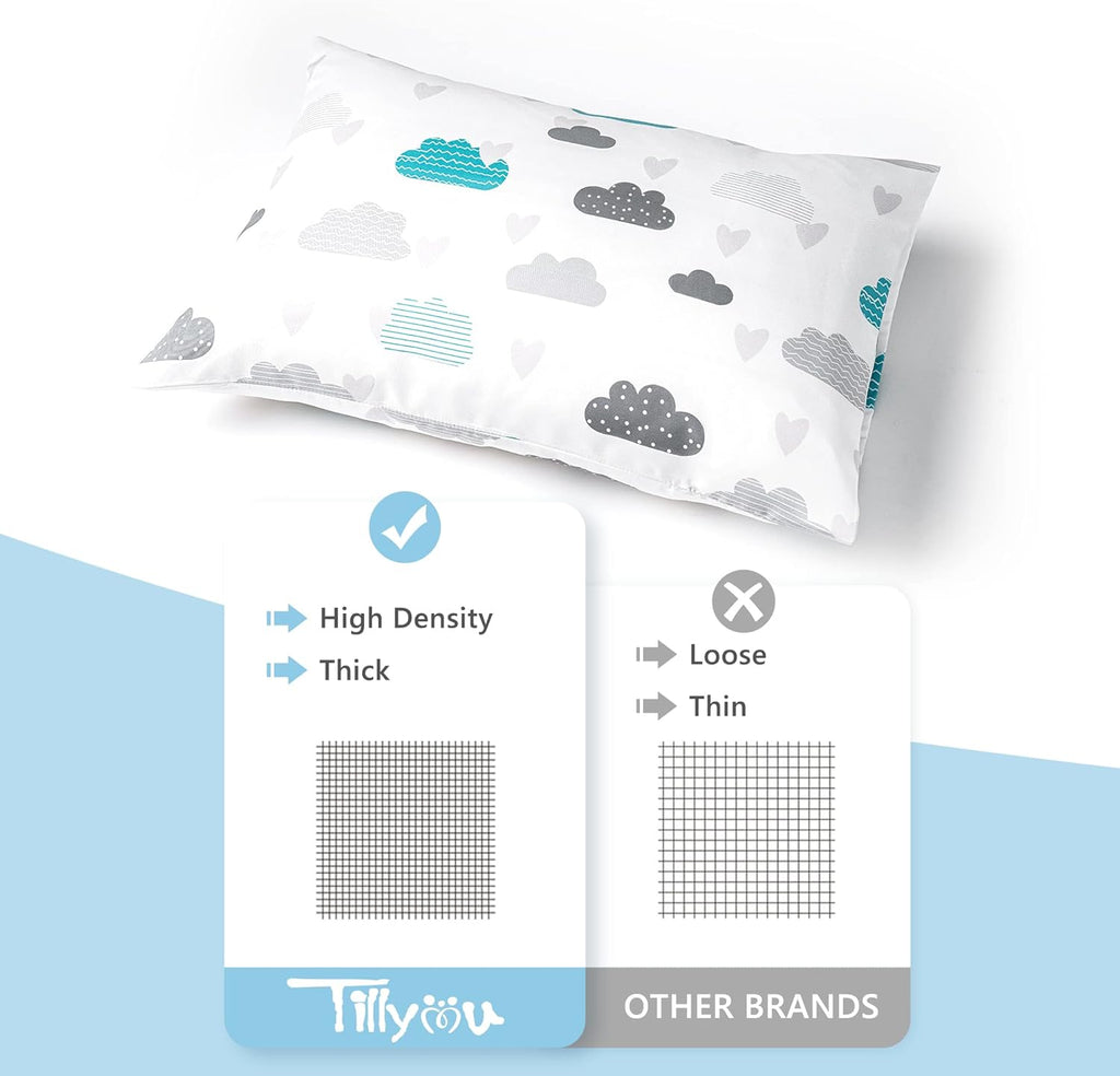 TILLYOU Toddler Pillowcase 2 Pack with Envelope Closure,Silky Soft Microfiber 13" x 18" Kids Travel Pillow Cases,Blue Clouds & Blue Stars