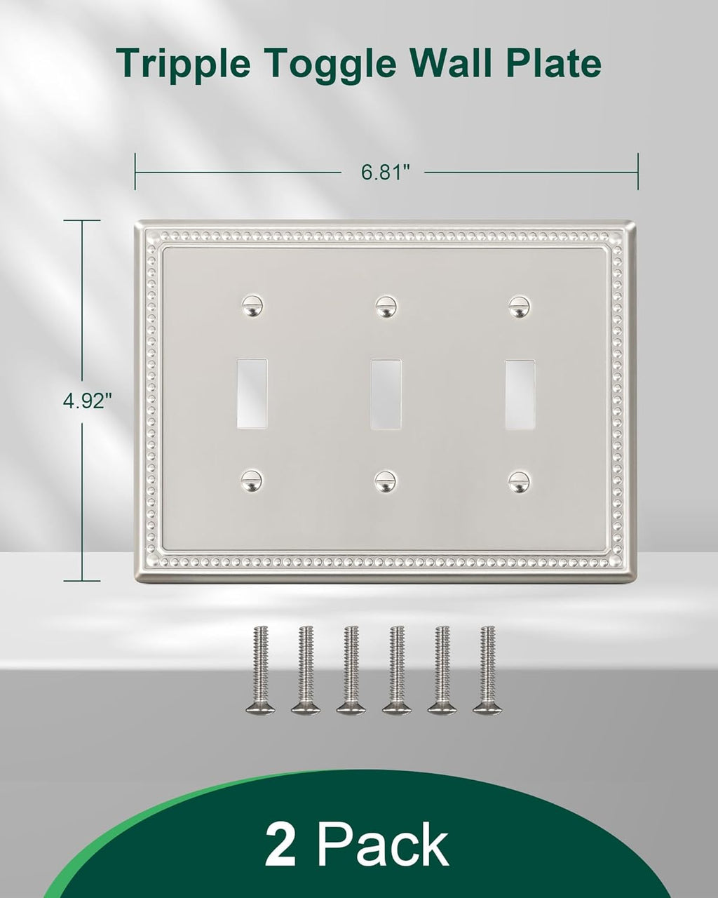 2-Pack Triple Toggle Light Switch Cover Plate, Pearls Decorative Switch Plate Covers, Brushed Nickel 3 Gang Metal Wall Plate
