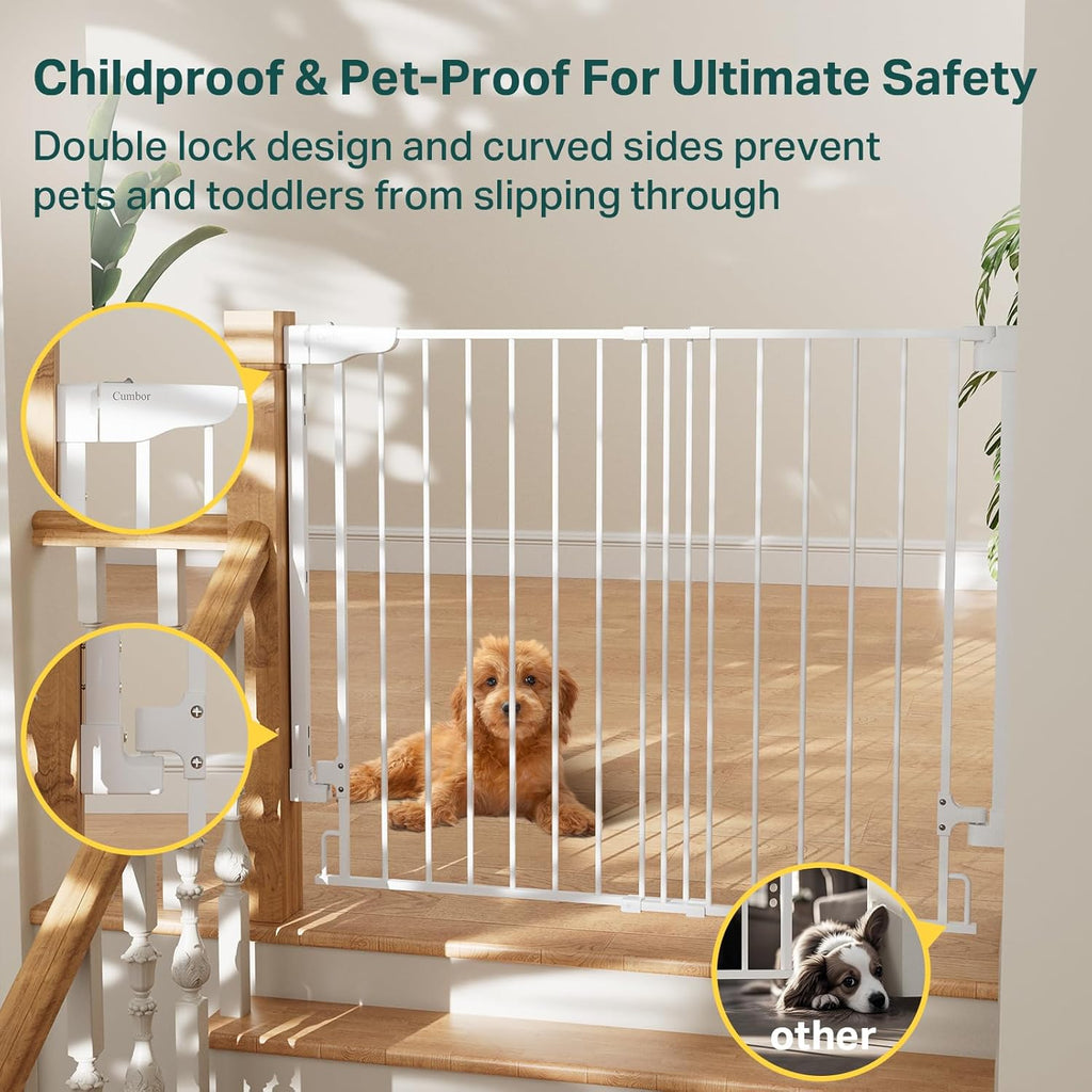 Cumbor 34" Extra Tall No Bottom Bar Baby Gate for Stairs, Auto Close Dog Gate Indoor for Larger Pets, 29.2-43" Hardware Mounted Safety Gate for Doorways, Wide Walk Thru Door for Easy Access (White)