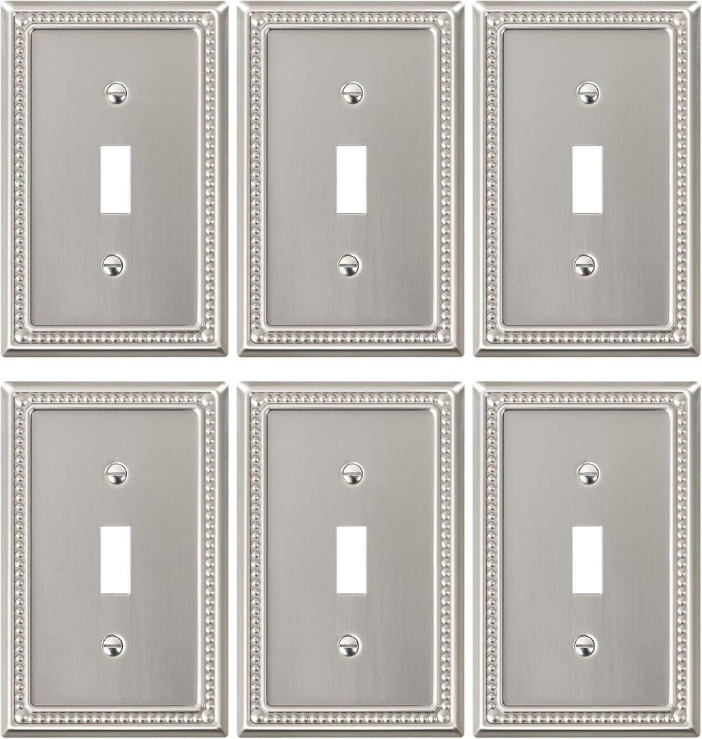 6-Pack Single Toggle Light Switch Cover Plate, Pearls Decorative Switch Plate Covers, Brushed Nickel 1 Gang Metal Wall Plate