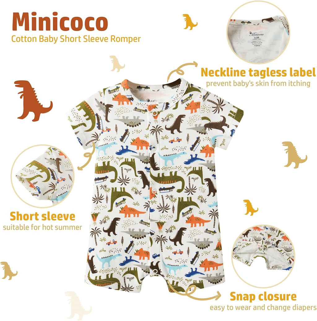 3-Pack 100% Cotton Baby Boy Rompers,0-24Months Short Sleeve Toddler Romper,Breathable Spring/Summer Clothes