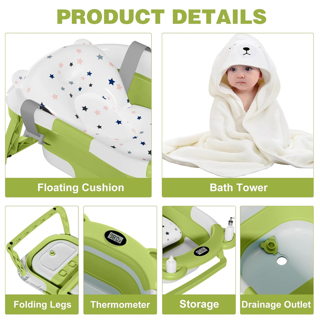 MoreFeel Collapsible Baby Bathtub for Newborn with Thermometer & 1 Hooded Towel & 1 Soft Floating Cushion,Portable Travel Bathtub with Drain Hole, Durable Foldable Baby Tubs for Infants to Toddler
