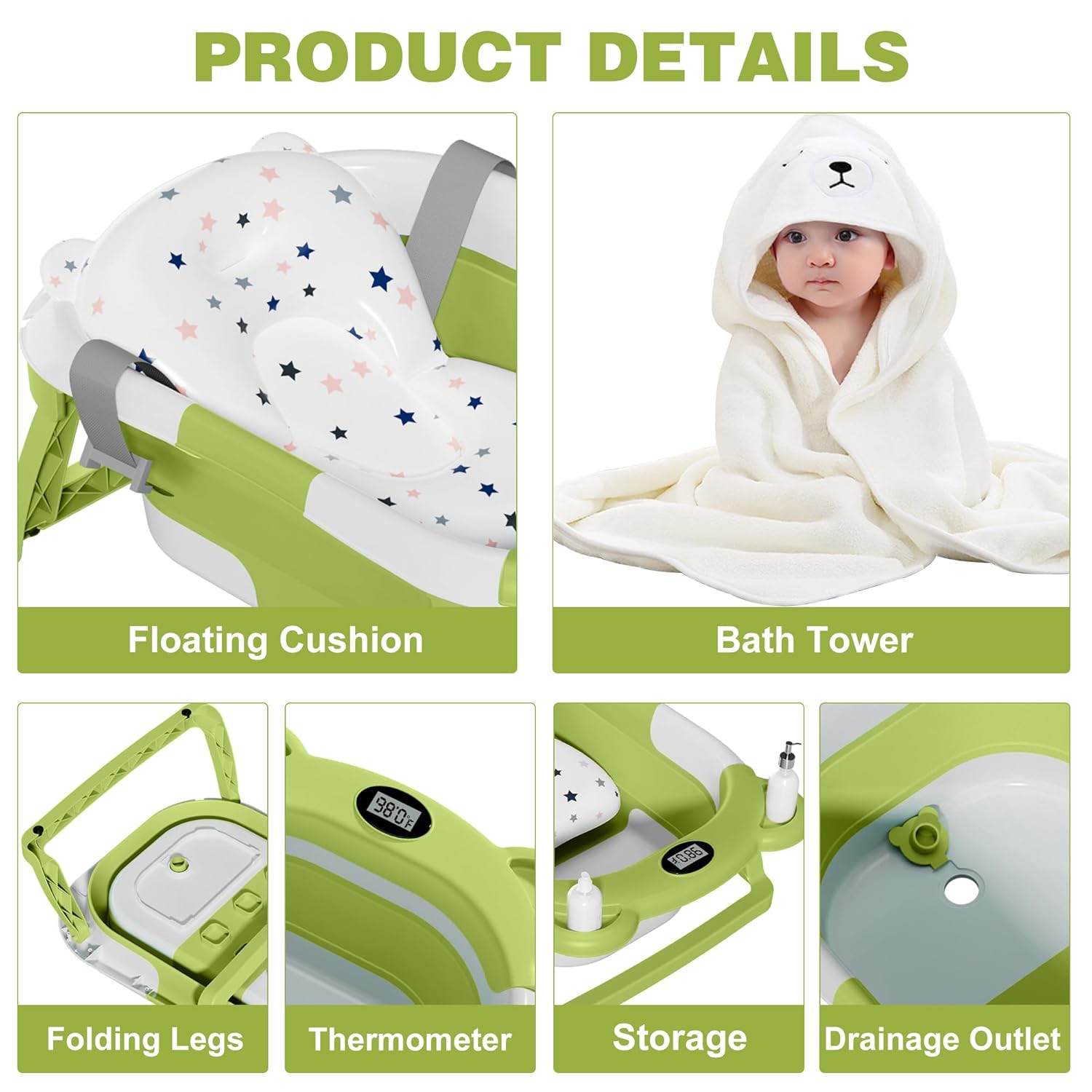 MoreFeel Collapsible Baby Bathtub for Newborn with Thermometer & 1 Hooded Towel & 1 Soft Floating Cushion,Portable Travel Bathtub with Drain Hole, Durable Foldable Baby Tubs for Infants to Toddler