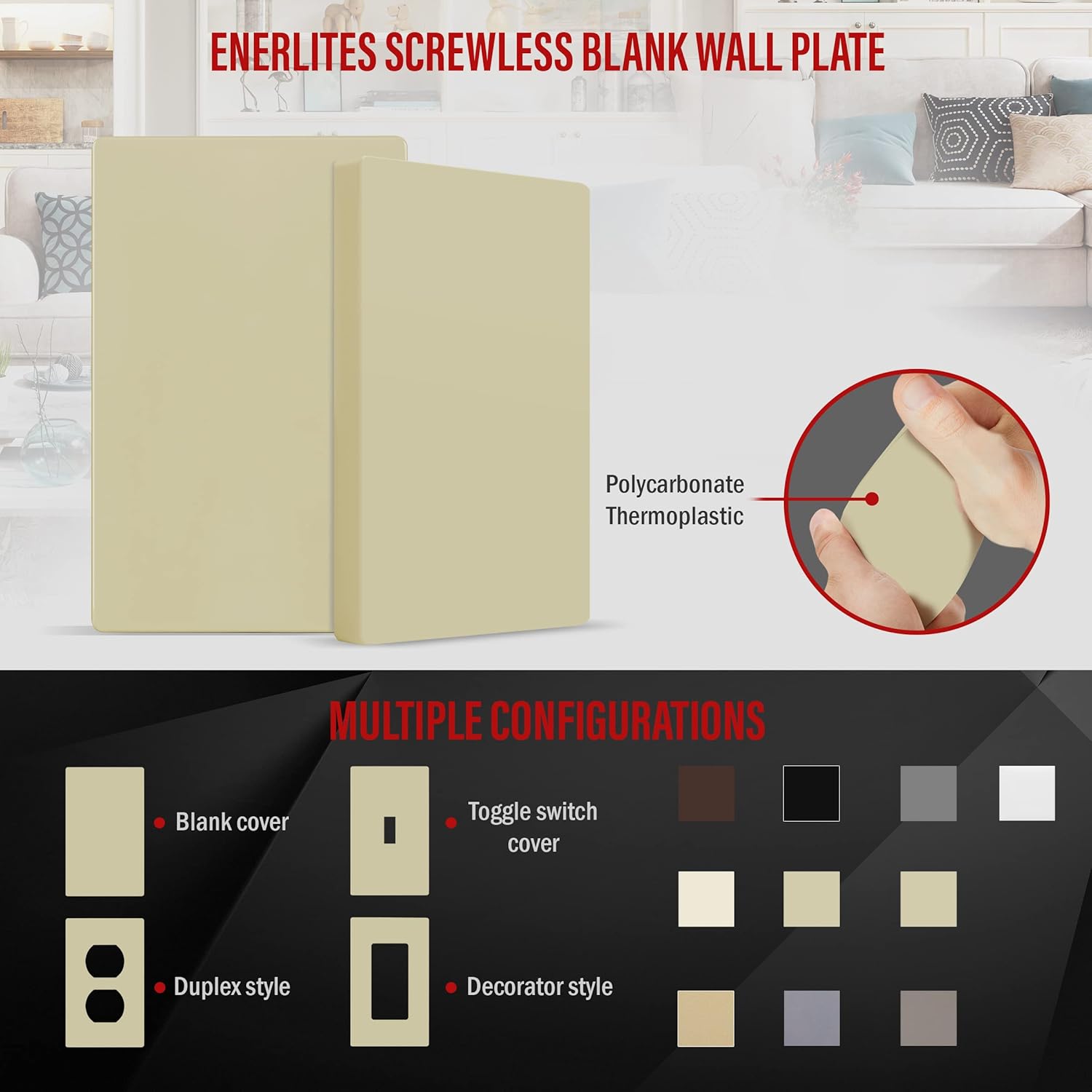 ENERLITES Screwless Blank Wall Plate, Child Safe Blank Device Outlet Cover, Standard Size, 1-Gang 4.68" x 2.93", Polycarbonate Thermoplastic, UL Listed, SI8801-I, Glossy, Ivory