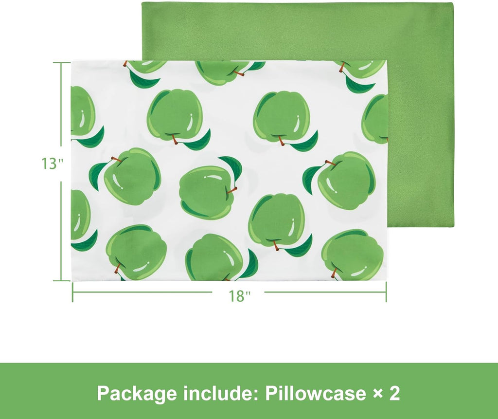 TILLYOU Toddler Pillowcases 13 x 18 Travel Pillow Case 2 Pack, Kids Pillowcases Machine Washable with Envelope Closure, Green Apple & Fruit Green