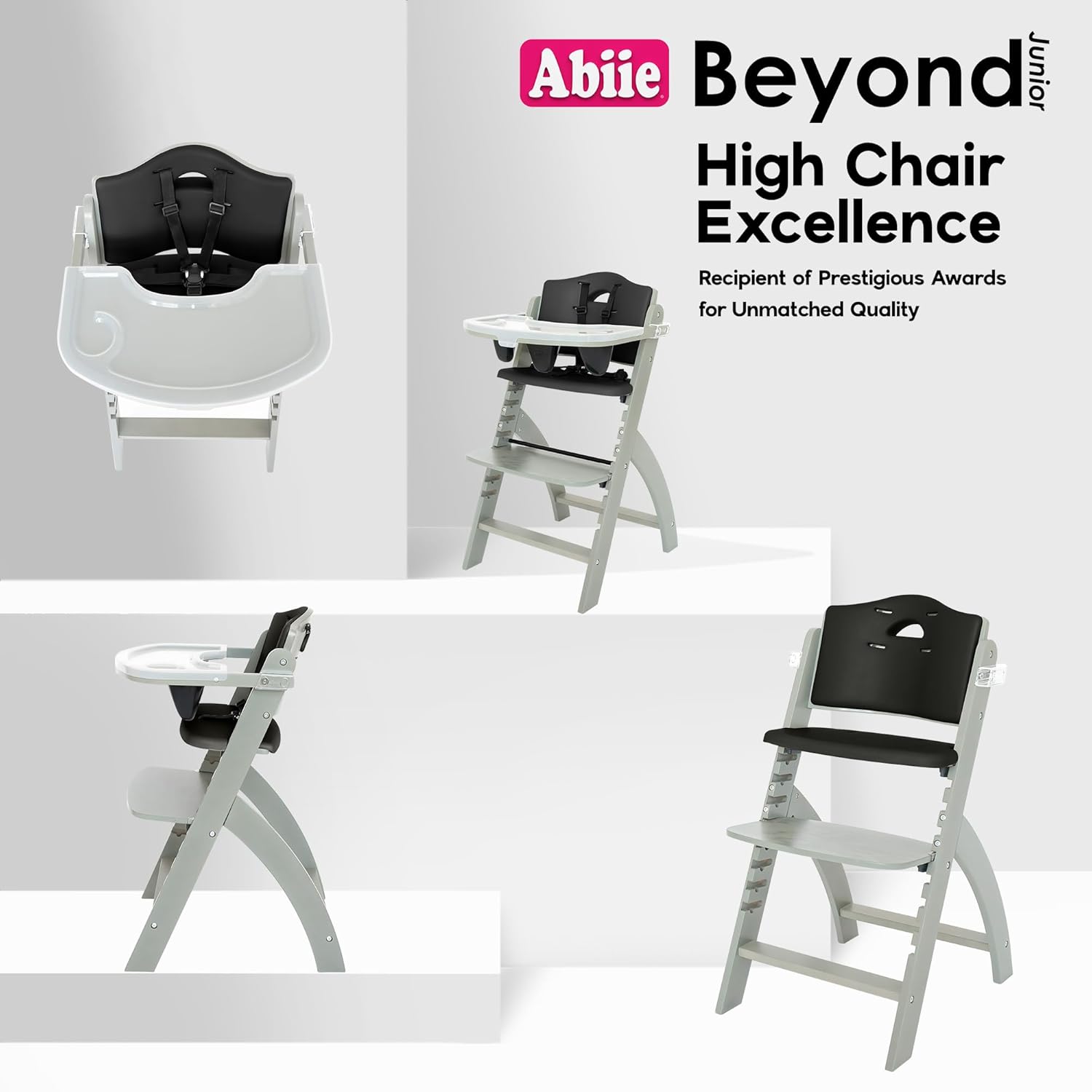 Abiie Beyond Junior Wooden High Chair with Tray - Adjustable and Convertible High Chair for Babies and Toddlers - 6 Months to 250 Lb - Water Resistant - Misty Grey Wood/Black Pearl Cushion
