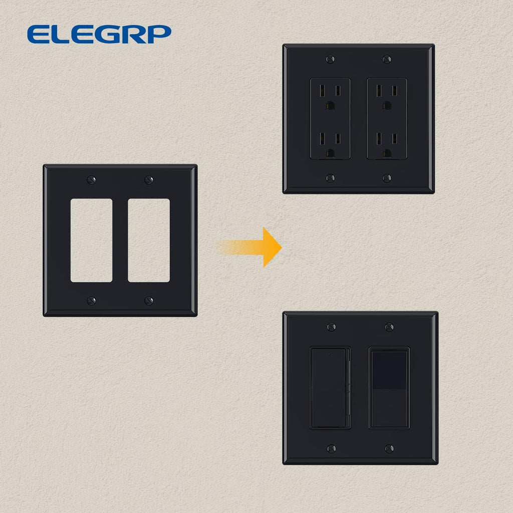 ELEGRP Glossy Black 2-Gang Decorative Wall Plates, Mid-Size 4.88" H x 4.94" L Unbreakable Thermoplastic Faceplate Cover for Decorator Receptacle Outlet Switch, UL Listed (5 Pack)