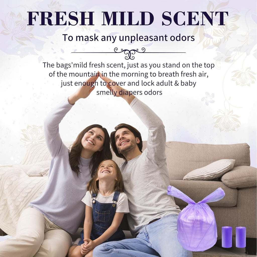 Large Adult Diaper Disposal Bags (18’’x23’’),96 Pcs, Scented, Elderly Waste Disposal, Baby Diapers Disposal Trash Bags, Sanitary Product Disposal at Home and Travel, Purple