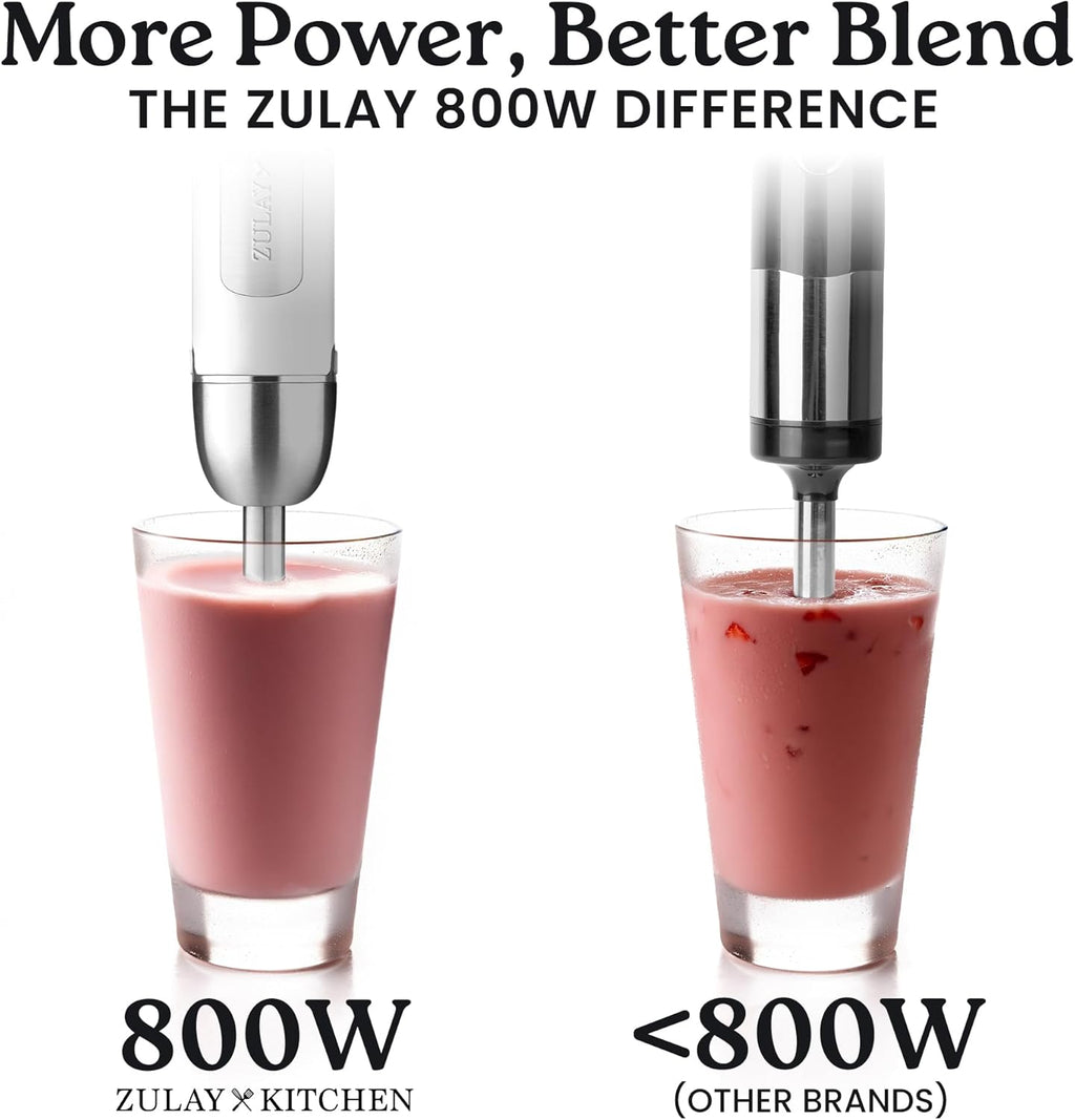 Zulay Immersion Stick Mixer Hand Blender - 800 Watts, Turbo Mode, 5-ft Power Electric Cord, Handheld Portable, Stainless Steel Blades - For Effortless Blending Smoothie, Soup, Baby Food, Puree - White