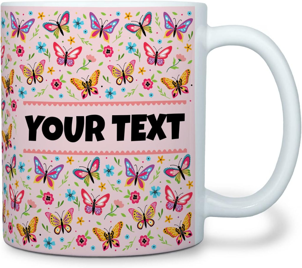 Personalized Mug for Kids - Butterflies - Custom Name/Text, Ceramic Hot Chocolate/Cocoa/Coffee Cup for Girls, Birthday/Christmas/Holiday Gift - 11 oz, White Handle