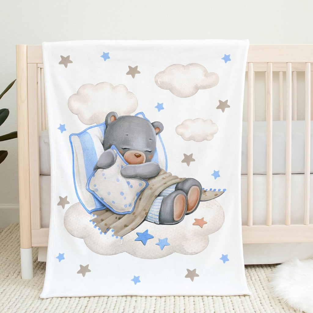 UNIQUE Little Bear Ultra Soft Fleece Baby Blanket 30x40in, Cute Sleeping Bear Baby Blanket, Boy