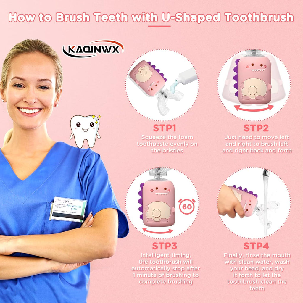 Kids U Shaped Electric Toothbrush for Age 2-12, Rechargeable Toddler Toothbrush with Smart Timer & 3 Clean Modes, Dinosaur Design, IPX7 Waterproof, 3 Brush Heads & 360°Cleaning