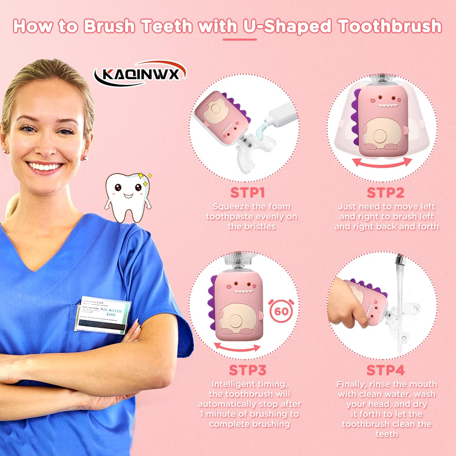 Kids U Shaped Electric Toothbrush for Age 2-12, Rechargeable Toddler Toothbrush with Smart Timer & 3 Clean Modes, Dinosaur Design, IPX7 Waterproof, 3 Brush Heads & 360°Cleaning