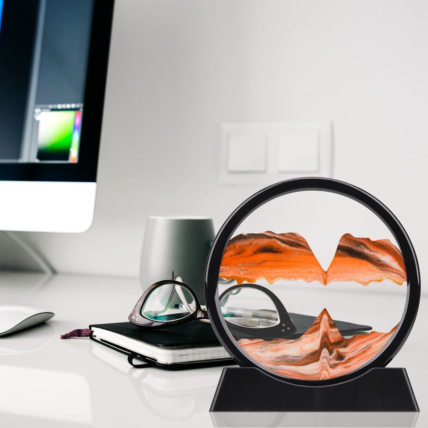 QLKUNLA Moving Sand Art Picture Liquid Motion 3D Deep Sea Sandscape in Motion Display Flowing Sand Frame Relaxing Desktop Home Office Work Decor Art Toys (7 inch, Orange)