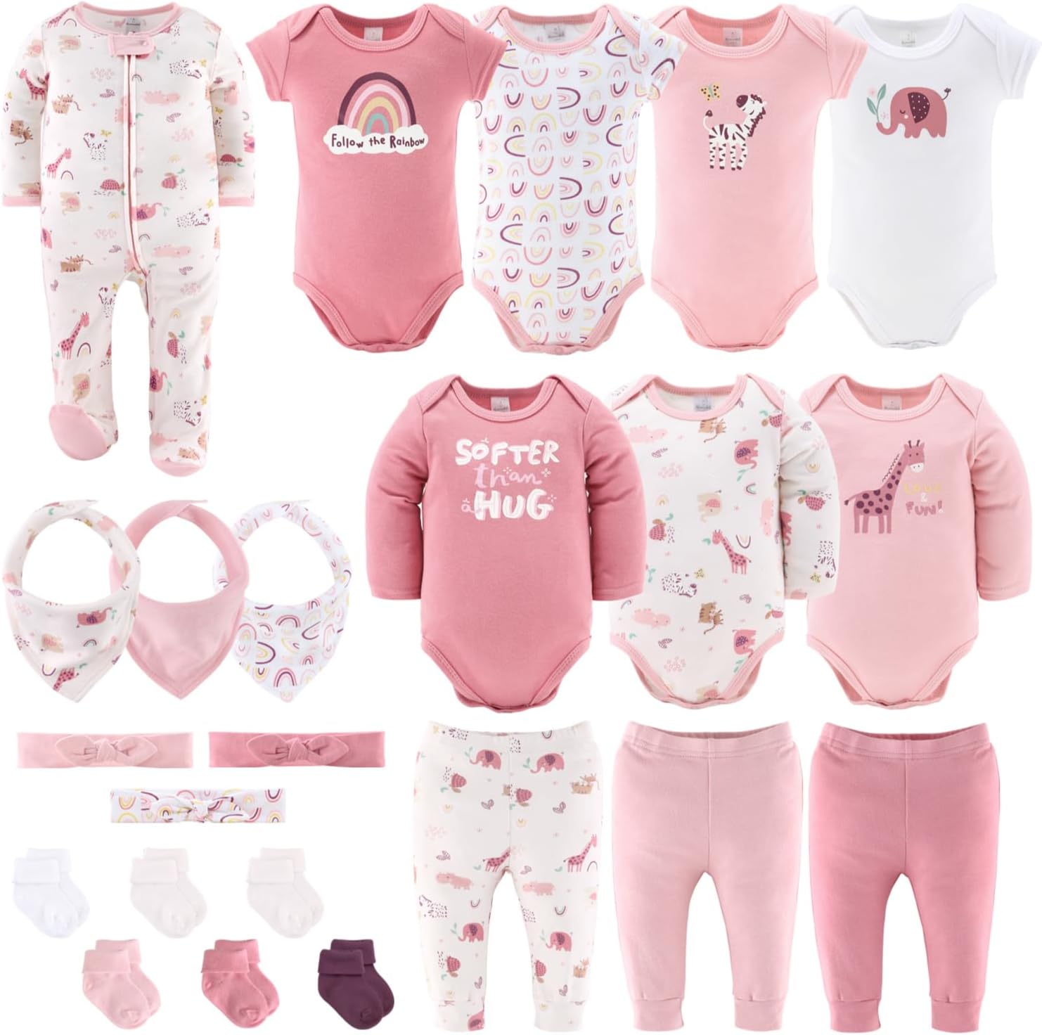 The Peanutshell Baby Layette Gift Set for Girls - 23 Piece Newborn Girl Gift Sets, Baby Clothes & Essentials - Rainbow Safari