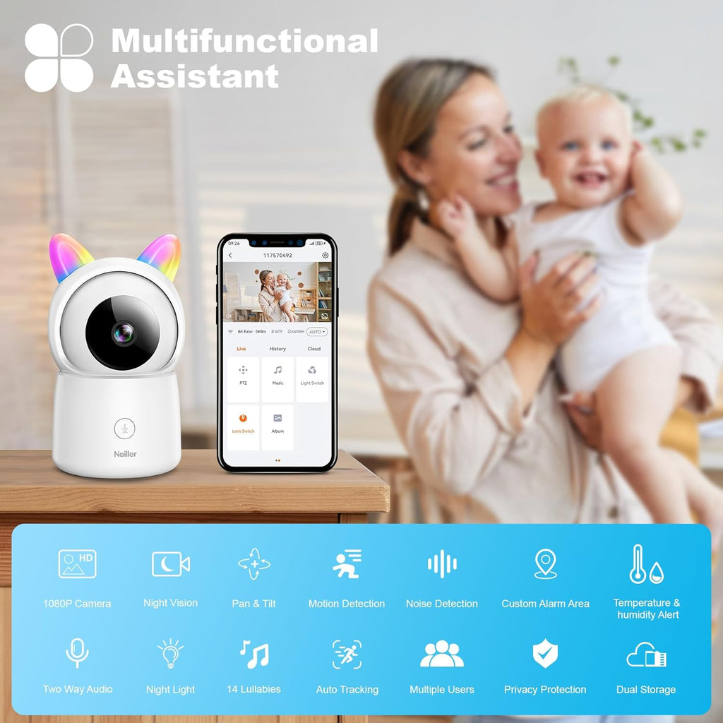 1080P Pan/Tilt Security Camera for Baby Monitor, 2.4G WiFi Pet Camera with Motion Detection, Night Vision, 2-Way Talk, RGB Night Lights, Lullabies, TF/Cloud Storage, Works with Alexa & Google Home