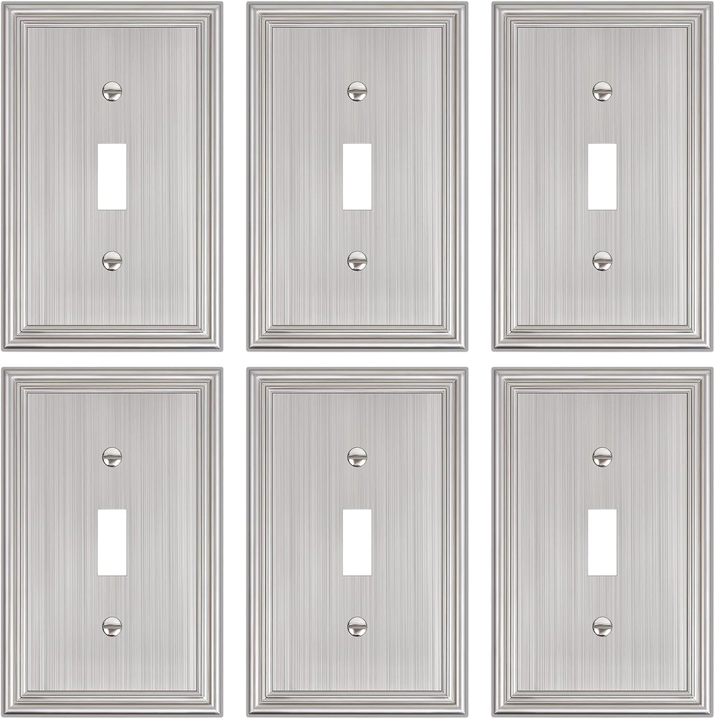 6-Pack Single Toggle Light Switch Cover Plate, Durable Solid Zinc Alloy Decorative Switch Plate Covers, Brushed Nickel 1 Gang Wall Plate, Corrosion Resistant