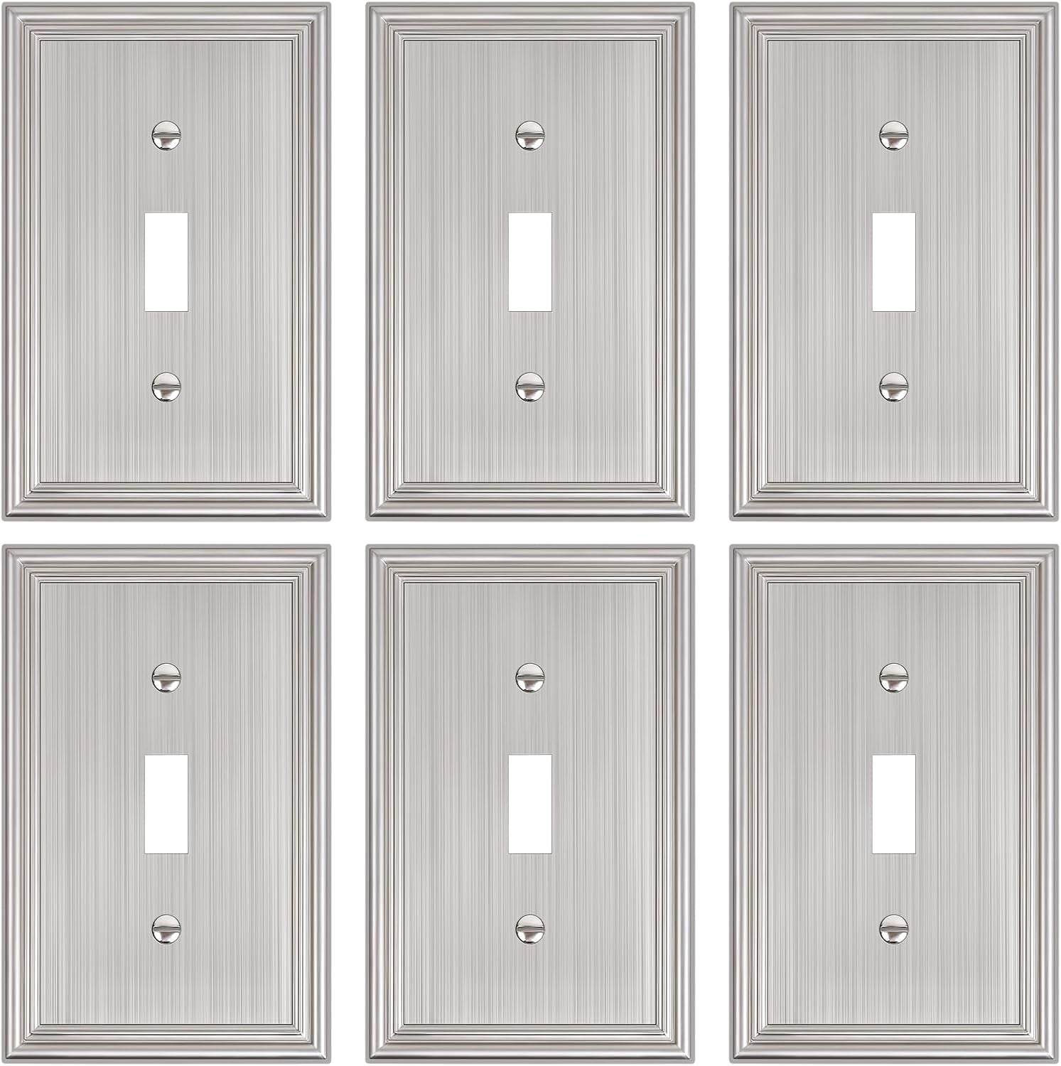 6-Pack Single Toggle Light Switch Cover Plate, Durable Solid Zinc Alloy Decorative Switch Plate Covers, Brushed Nickel 1 Gang Wall Plate, Corrosion Resistant