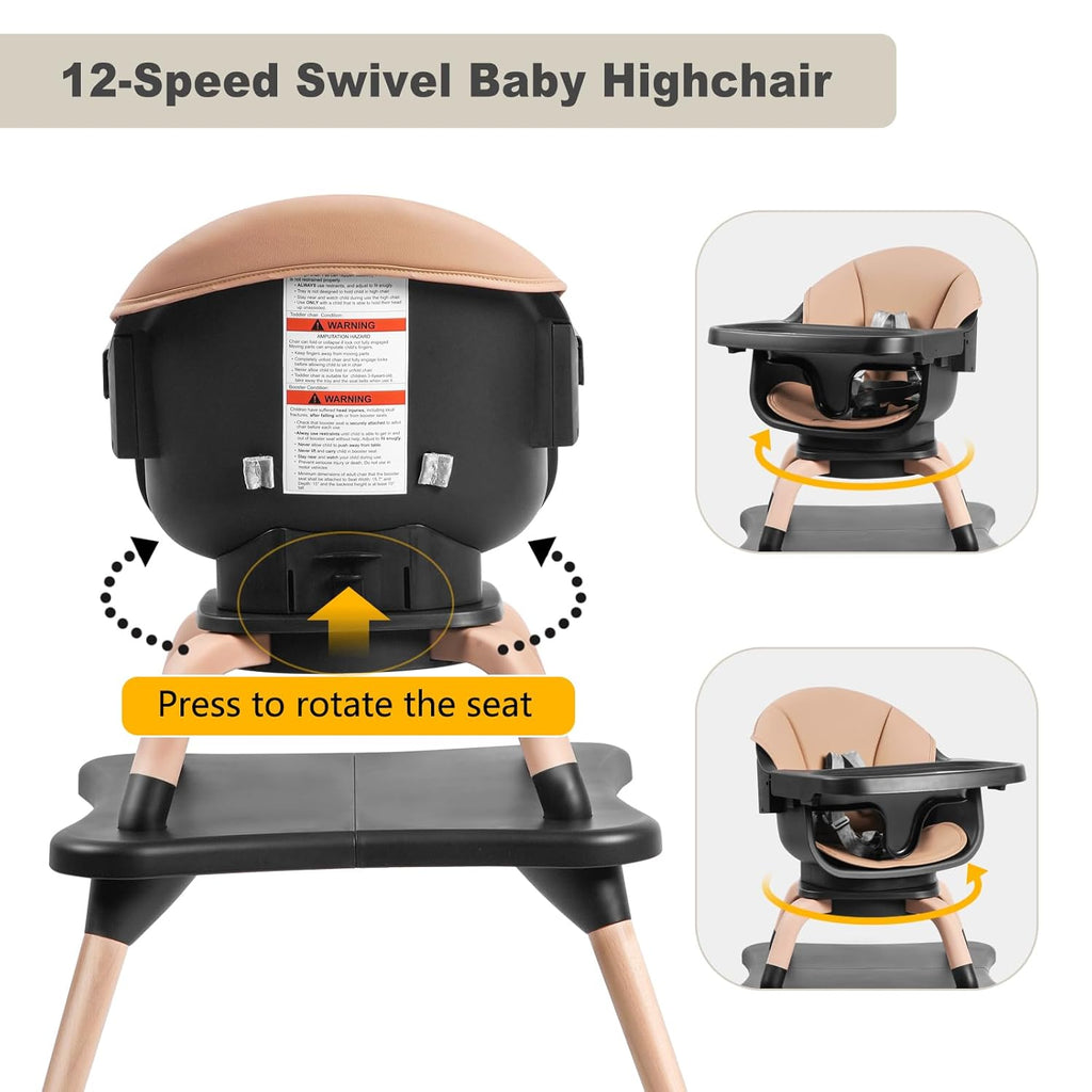 Baby High Chair, 7 in 1 Convertible High Chairs for Babies and Toddlers, Kids Learning Table, Building Block Table, Toddler Dining Chair with 360° Rotating Seat, 5-Point Safety Harness (Black)