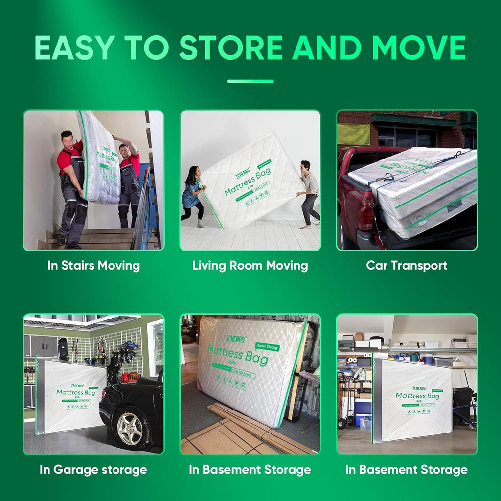 ZCHENBS® – Mattress Bags for Moving and Storage,Mattress Bag with Zippers,5 Mil Ultra-Thick Bed Bag,Waterproof,Anti-Tear,Heavy-Duty Mattress bag (Tansparent/Green, Crib-(1 Pack))