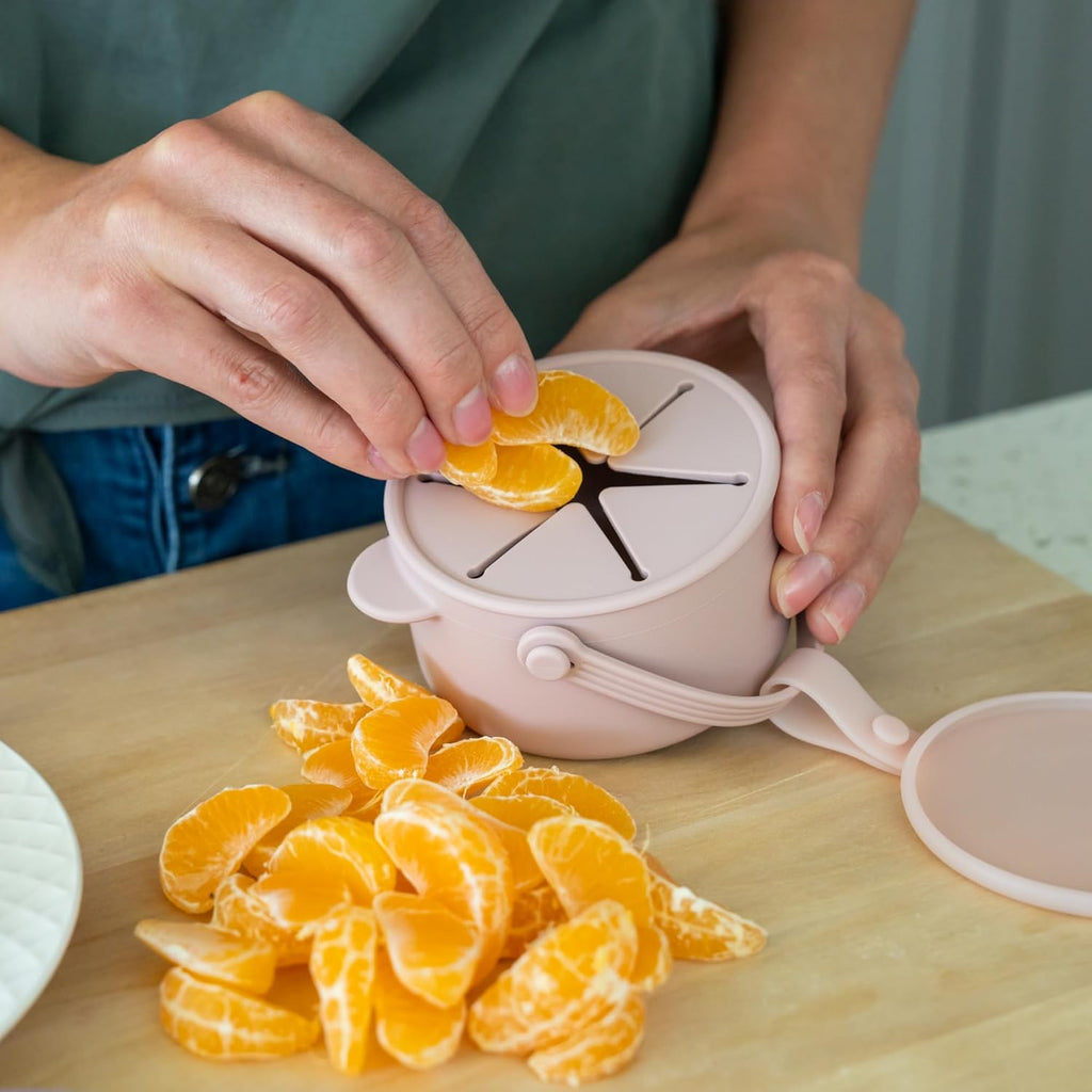 Silicone No Spill Snack Cups for Toddlers – Portable Baby Snack Cup Containers with Dustproof Lid – Dishwasher-Friendly Toddler Spill Proof Cups Without BPA, Lead, or Phthalates – Blue and Pink