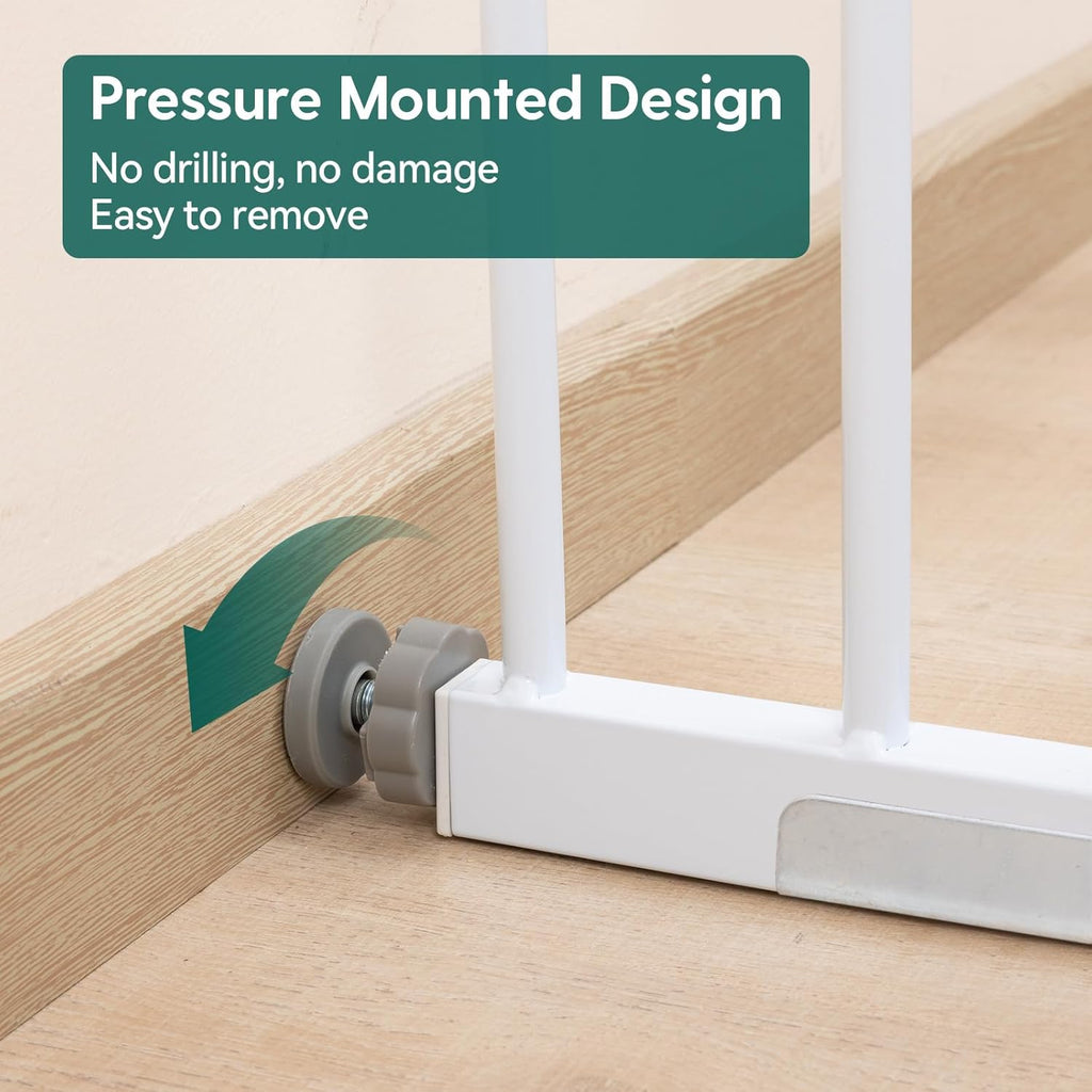 Babelio Metal Baby Gate, 29-43" Auto Close Easy Install Pet Gate, Extra Wide Walk Thru Child Safety Gate, 30" Tall Pressure Mounted Dog Gate for Doorways & Stairs, White