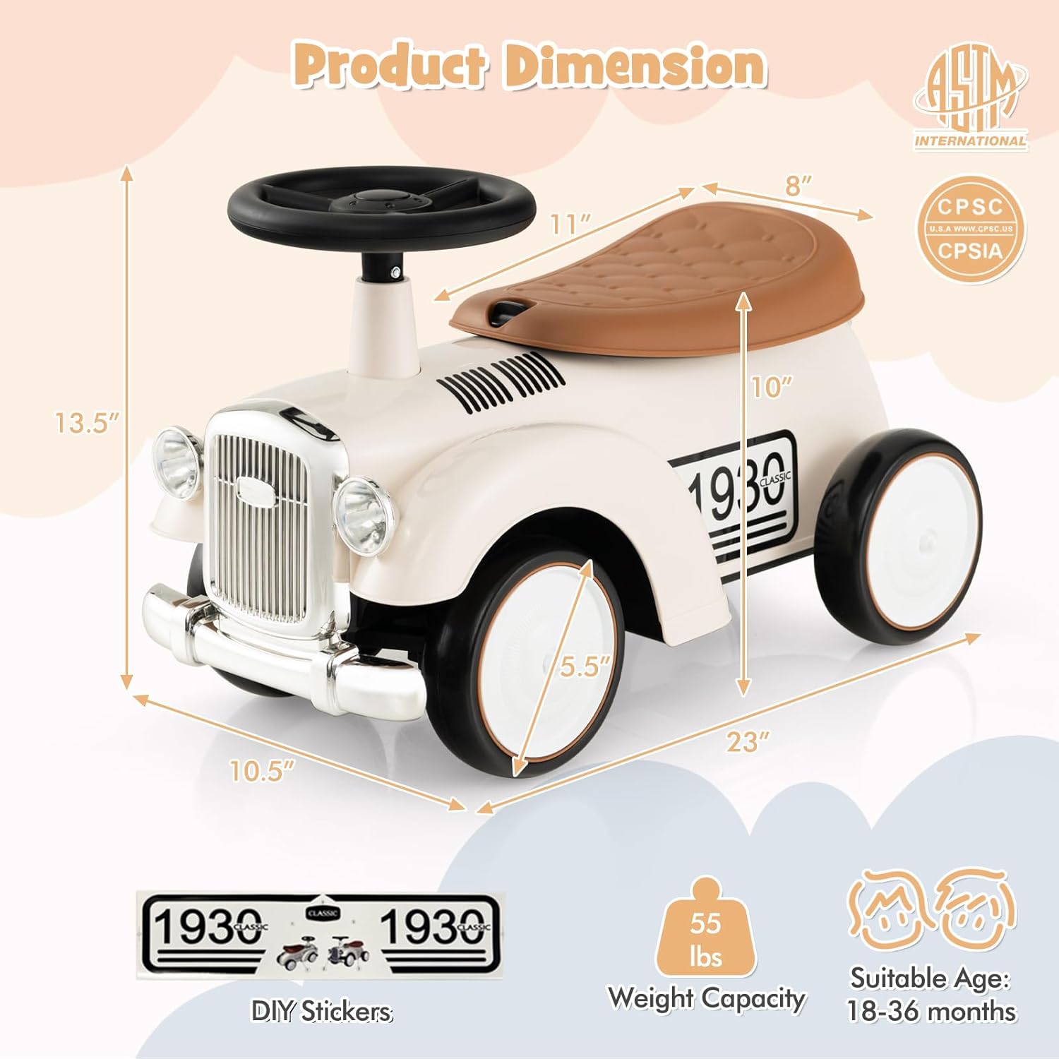 HONEY JOY Ride On Push Car, Outdoor Toddler Riding Toys w/Steering Wheel, Horn & Storage, Foot-to-Floor Sliding Car, No Batteries, Retro Baby Ride On Toys for Boys and Girls (White)