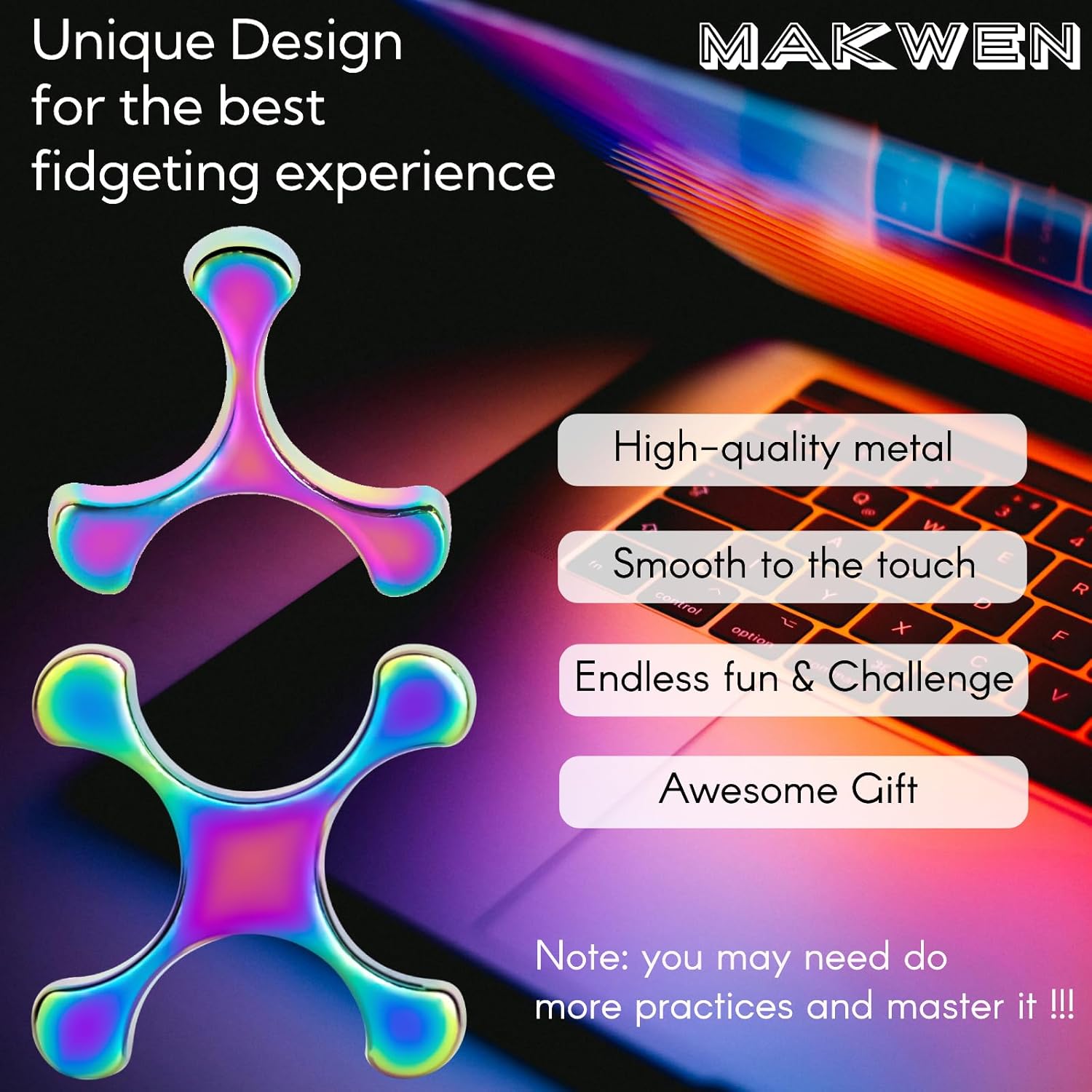 Fidget Toys Adults - Metal Finger Fidget Flipper 2Shapes - Quiet Unique Fidget Ring Stim Toys - Stocking Stuffer & Top Gadget Gift Idea (Rainbow)