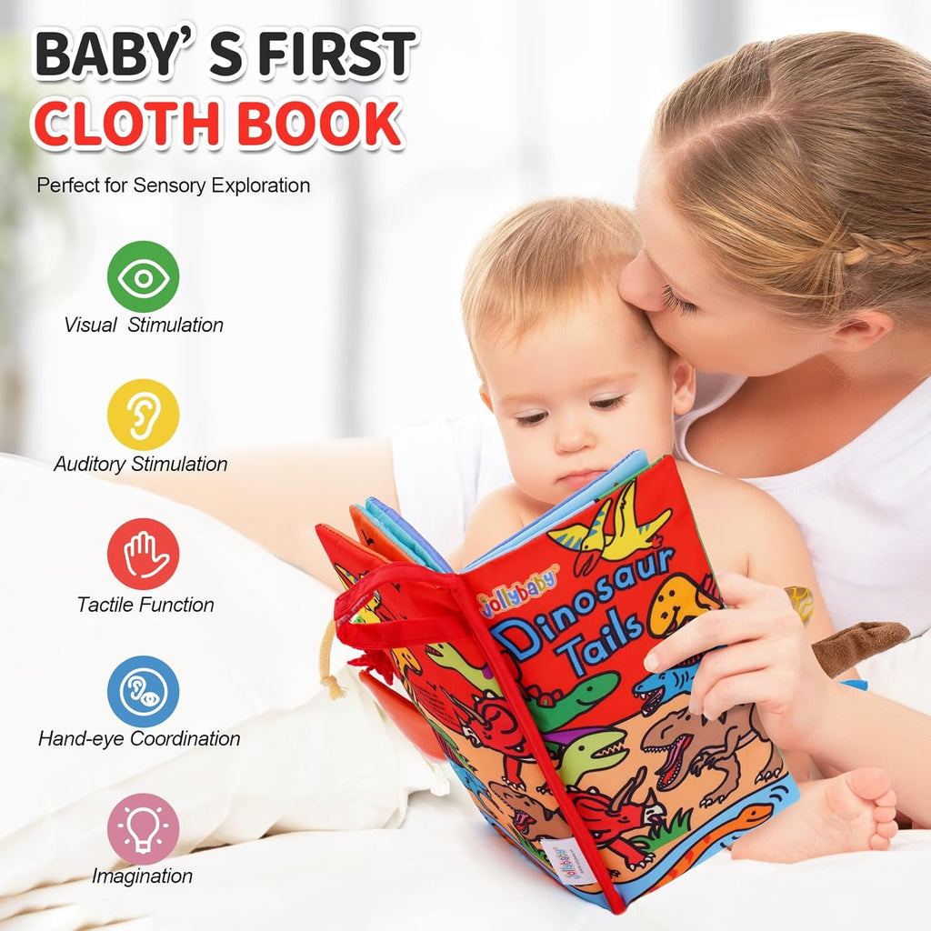 Jollybaby Baby Books 0-6 Months, Touch and Feel Crinkle Soft Cloth Books for Infants Babies, Toddler Early Educational Interactive Stroller Sensory Toys, Baby Girl & Boy Gift(Dinosaur Tails)